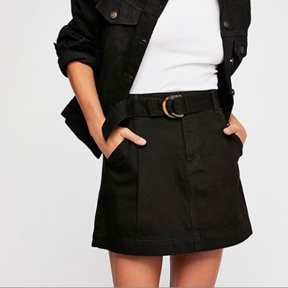 SOLD -Free People We The Free Black Denim Skirt Belted Black - Picture 1 of 5